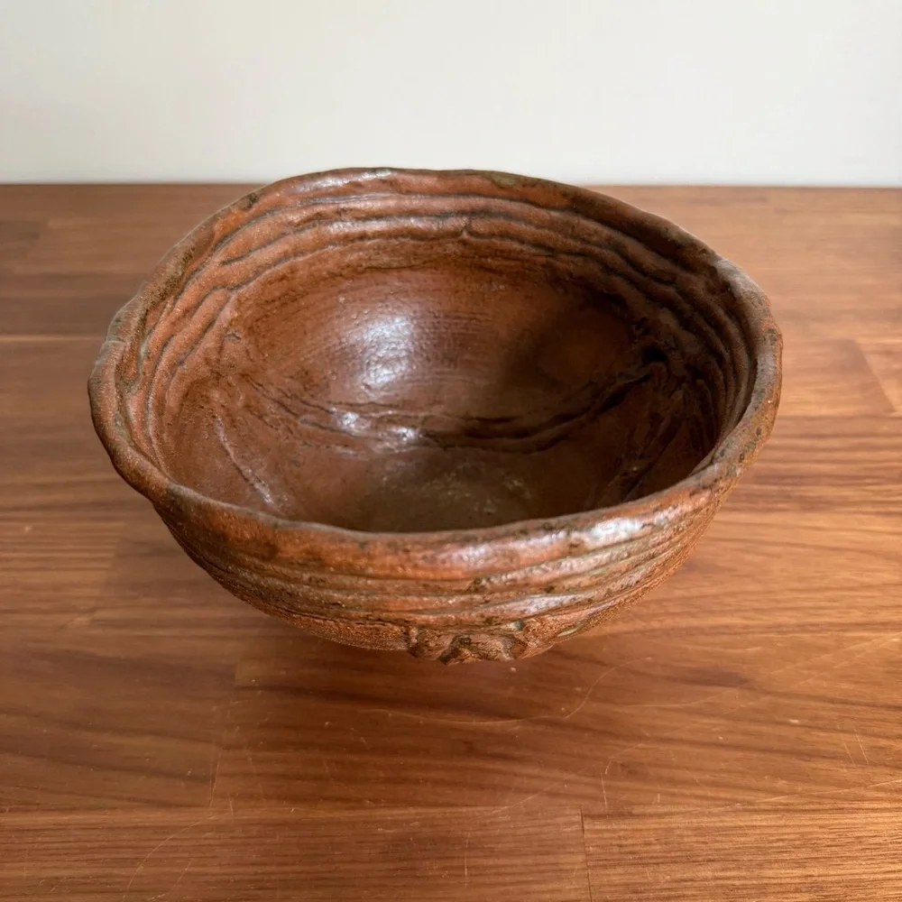 Vintage Japanese Studio Pottery Bowl Tanba Style Wabi Sabi Ribbed Stoneware